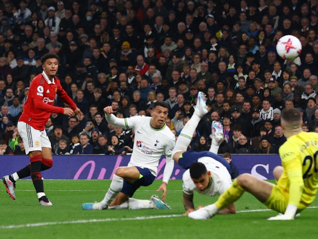 Manchester United's Jadon Sancho shoots at goal against Tottenham Hotspur on April 27, 2023