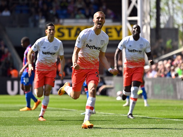 Tomas Soucek celebrates scoring for West Ham United on April 29, 2023