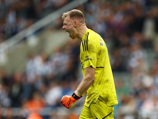Arsenal goalkeeper Aaron Ramsdale reacts on May 7, 2023