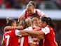 Stina Blackstenius celebrates scoring for Arsenal Women on May 1, 2023