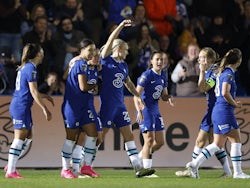 Chelsea Women's Sam Kerr celebrates scoring their second goal with teammates on May 3, 2023
