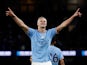 Manchester City's Erling Braut Haaland celebrates scoring their second goal on May 3, 2023