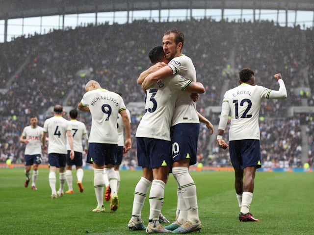 Harry Kane celebrates scoring for Tottenham Hotspur on May 6, 2023