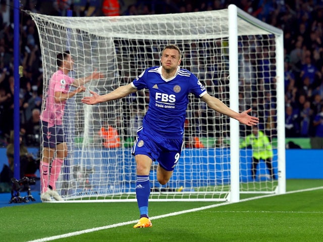 Leicester City's Jamie Vardy celebrates scoring their second goal on May 1, 2023