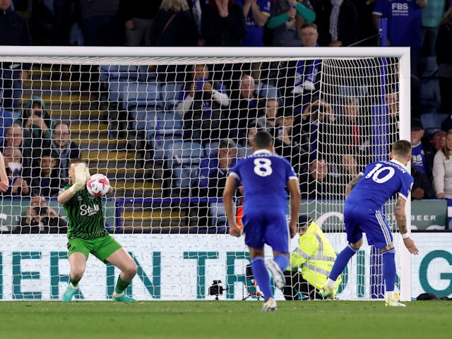 Everton's Jordan Pickford saves a penalty kick from Leicester City's James Maddison on May 1, 2023
