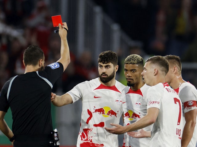 RB Leipzig's Josko Gvardiol is shown a red card by referee Sven Jablonski on May 2, 2023
