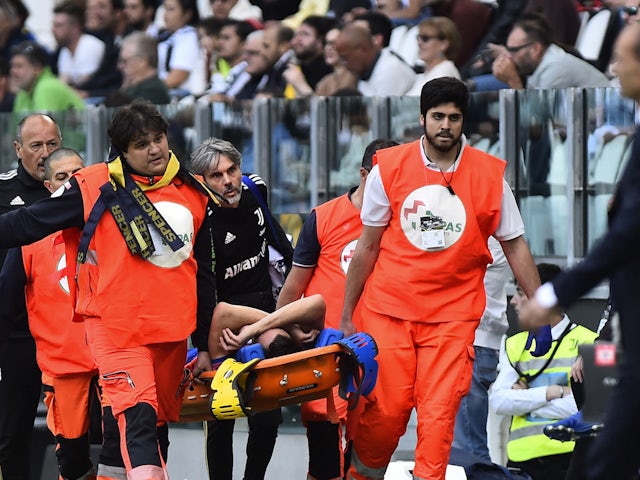 Juventus' Mattia De Sciglio is stretchered off after sustaining an injury on May 3, 2023