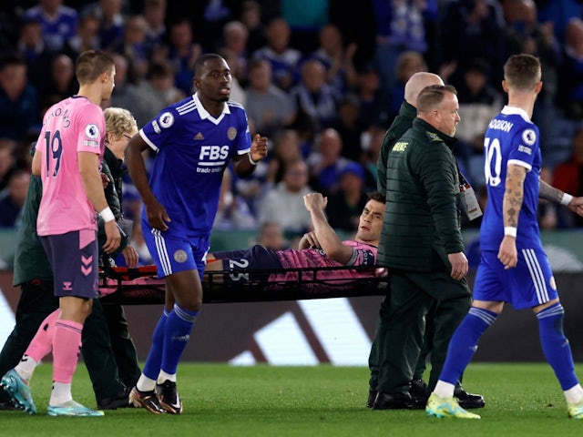 Everton's Seamus Coleman is stretchered off after sustaining an injury on May 1, 2023
