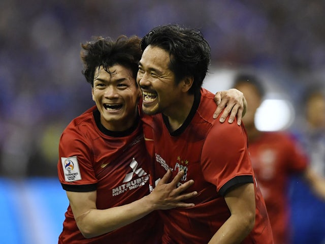Urawa Red Diamonds' Shinzo Koroki celebrates scoring against Al-Hilal on April 29, 2023