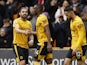 Wolverhampton Wanderers' Toti celebrates scoring their first goal with teammate Ruben Neves on May 6, 2023