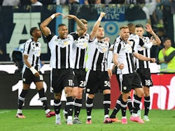 Udinese's Sandi Lovric celebrates scoring their first goal with teammates on May 4, 2023