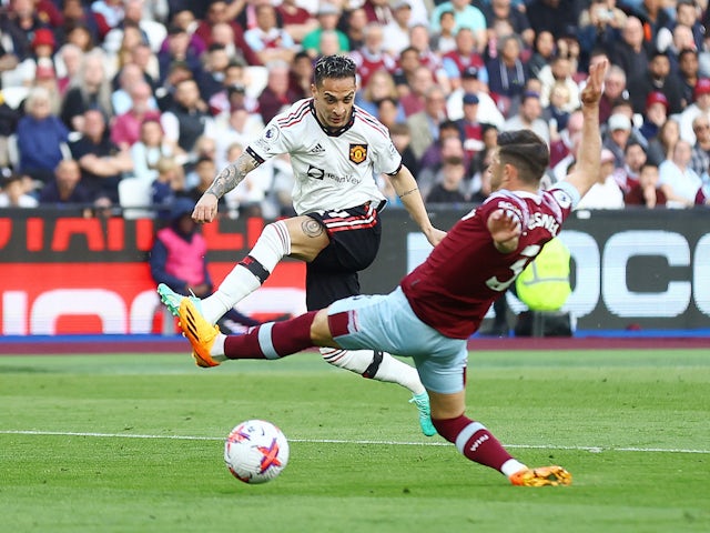 Manchester United's Antony in action with West Ham United's Aaron Cresswell on May 7, 2023