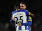 Brighton & Hove Albion's Alexis Mac Allister celebrates scoring their first goal with teammate Moises Caicedo on May 4, 2023