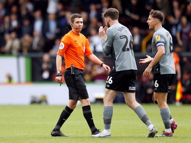 Cardiff City's Jack Simpson and Ryan Wintle remonstrate with the referee on May 8, 2023