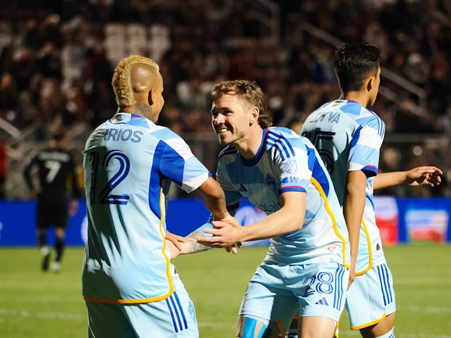 Colorado Rapids forward Michael Barrios (12) celebrates with midfielder Sam Nicholson (28) after scoring a goal on May 9, 2023