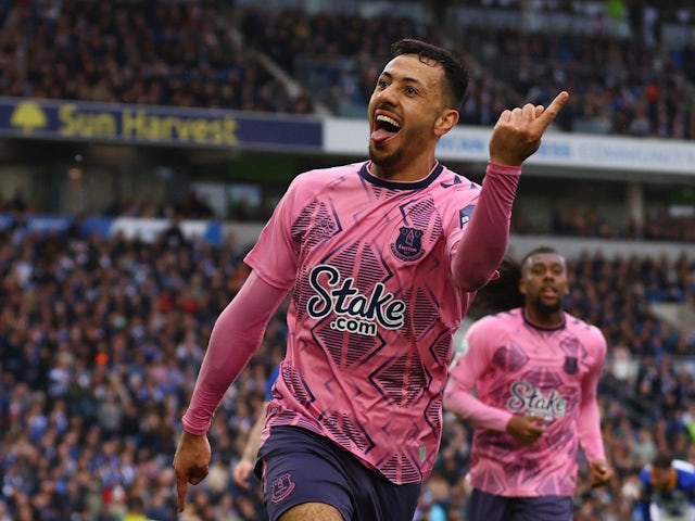  Everton's Dwight McNeil celebrates their third goal an own goal scored by Brighton & Hove Albion's Jason Steele on May 8, 2023