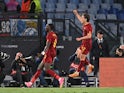 AS Roma's Edoardo Bove celebrates scoring their first goal with Tammy Abraham on May 11, 2023