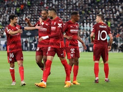 Sevilla's Youssef En-Nesyri celebrates scoring against Juventus on May 11, 2023