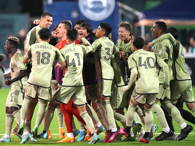Los Angeles FC players celebrate after defeating the Monterey Bay FC Union on May 9, 2023