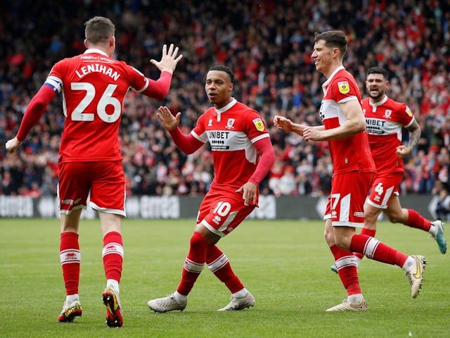 Middlesbrough's Cameron Archer celebrates scoring their first goal with teammates on May 8, 2023