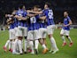 Inter Milan's Edin Dzeko celebrates scoring against AC Milan on May 10, 2023