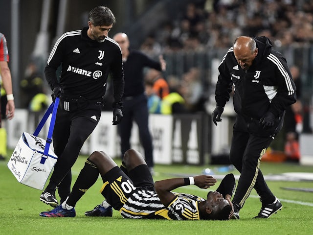 Juventus' Paul Pogba down after sustaining an injury on May 14, 2023
