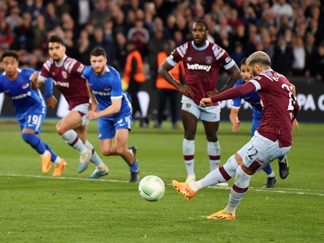 West Ham United's Said Benrahma scores their first goal from the penalty spot on May 11, 2023
