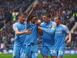 Sunderland's Amad Diallo celebrates scoring their first goal with teammates on May 8, 2023