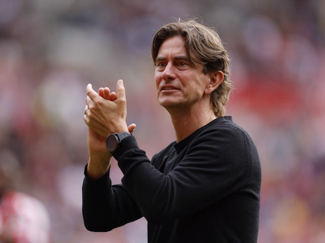 Brentford manager Thomas Frank applauds fans after the match on May 14, 2023