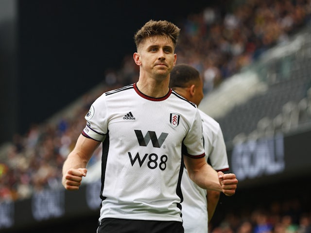Tom Cairney celebrates scoring for Fulham on May 8, 2023