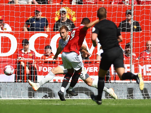 Manchester United's Anthony Martial scores against Wolverhampton Wanderers on May 13, 2023