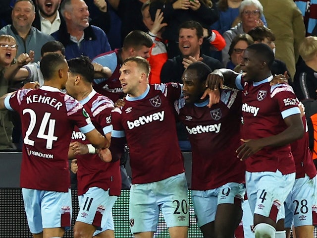 West Ham United's Michail Antonio celebrates scoring their second goal with teammates on May 11, 2023