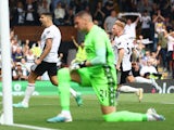  Fulham's Aleksandar Mitrovic celebrates scoring their first goal with Harrison Reed on May 20, 2023