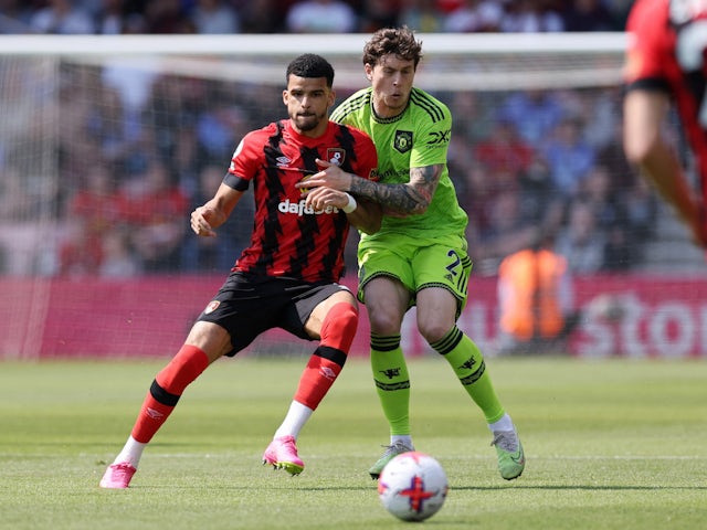 Bournemouth's Dominic Solanke in action with Manchester United's Victor Lindelof on May 20, 2023