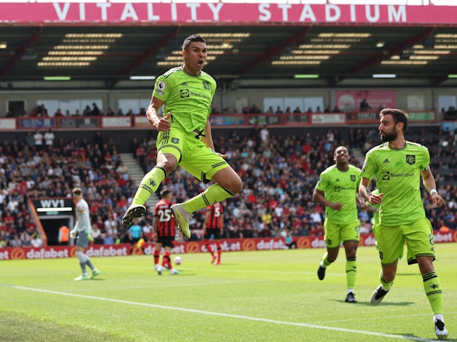 Manchester United's Casemiro celebrates scoring against Bournemouth on May 20, 2023