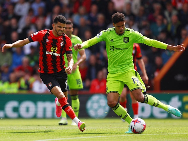 Manchester United's Raphael Varane in action with Bournemouth's Dominic Solanke on May 20, 2023
