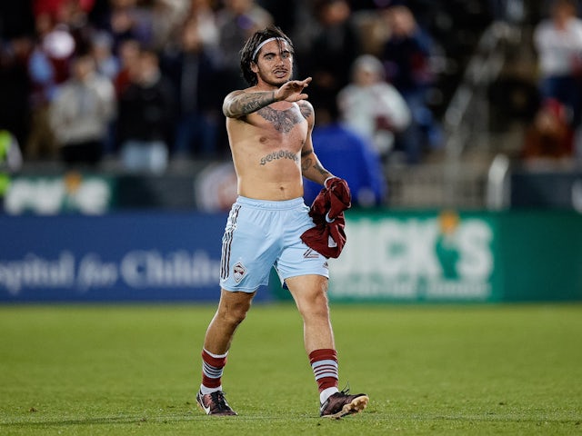 Colorado Rapids forward Braian Galvan (29) gestures as he walks off the field after receiving a red card on May 13, 2023