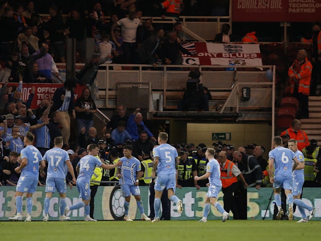 Coventry City celebrate scoring against Middlesbrough on May 17, 2023.
