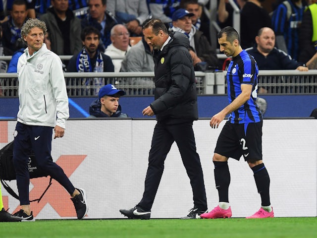Inter Milan's Henrikh Mkhitaryan walks off after sustaining an injury on May 13, 2023
