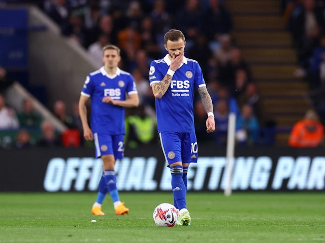 Leicester City players look dejected after Curtis Jones scores for Liverpool on May 15, 2023