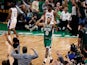  Boston Celtics forward Jayson Tatum (0) signals 50 after hitting a three point basket to put him over 50 points for the game against the Philadelphia 76ers on May 14, 2023