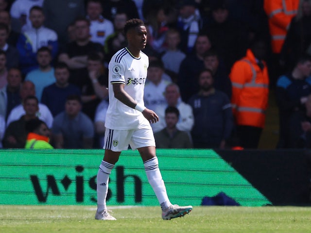 Leeds United's Junior Firpo walks off after being shown a red card on May 13, 2023