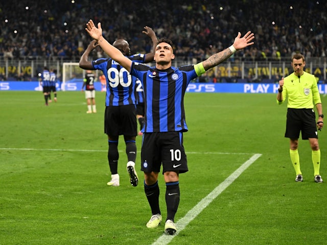 Inter Milan's Lautaro Martinez celebrates scoring their first goal on May 16, 2023