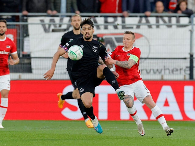 West Ham United's Lucas Paqueta in action with AZ Alkmaar's Jordy Clasie on May 18, 2023