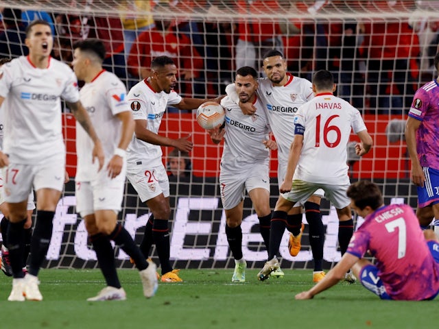 Sevilla's Suso celebrates scoring their first goal with Fernando, Jesus Navas and Youssef En-Nesyri on May 18, 2023