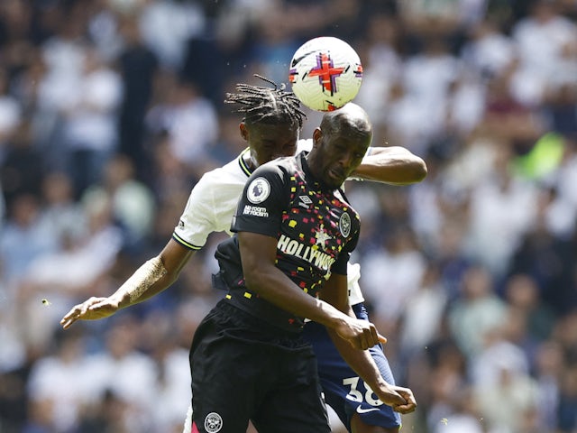 Tottenham Hotspur's Yves Bissouma in action with Brentford's Yoane Wissa on May 20, 2023
