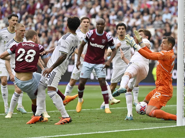 West Ham United's Tomas Soucek in action with Leeds United's Joel Robles on May 21, 2023