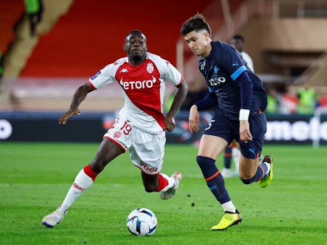 Monaco's Youssouf Fofana in action with Marseille's Leonardo Balerdi on November 13, 2022