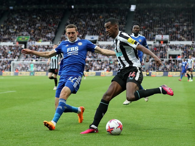 Newcastle United's Alexander Isak in action with Leicester City's Timothy Castagne on May 22, 2023