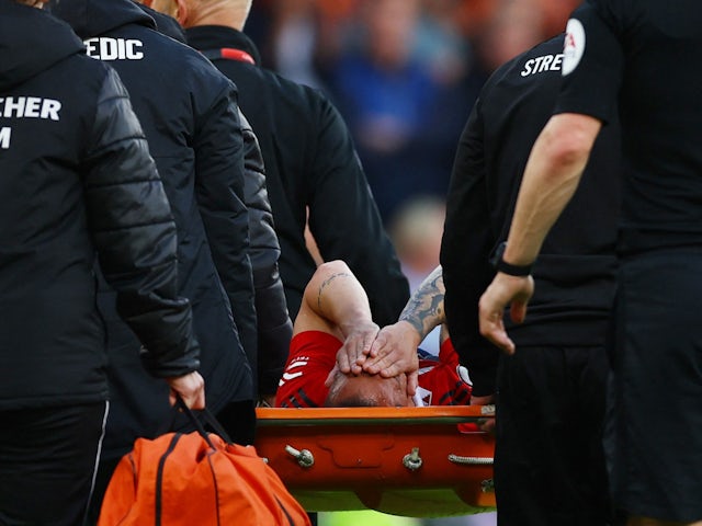Manchester United attacker Antony leaves the field on a stretcher against Chelsea on May 25, 2023